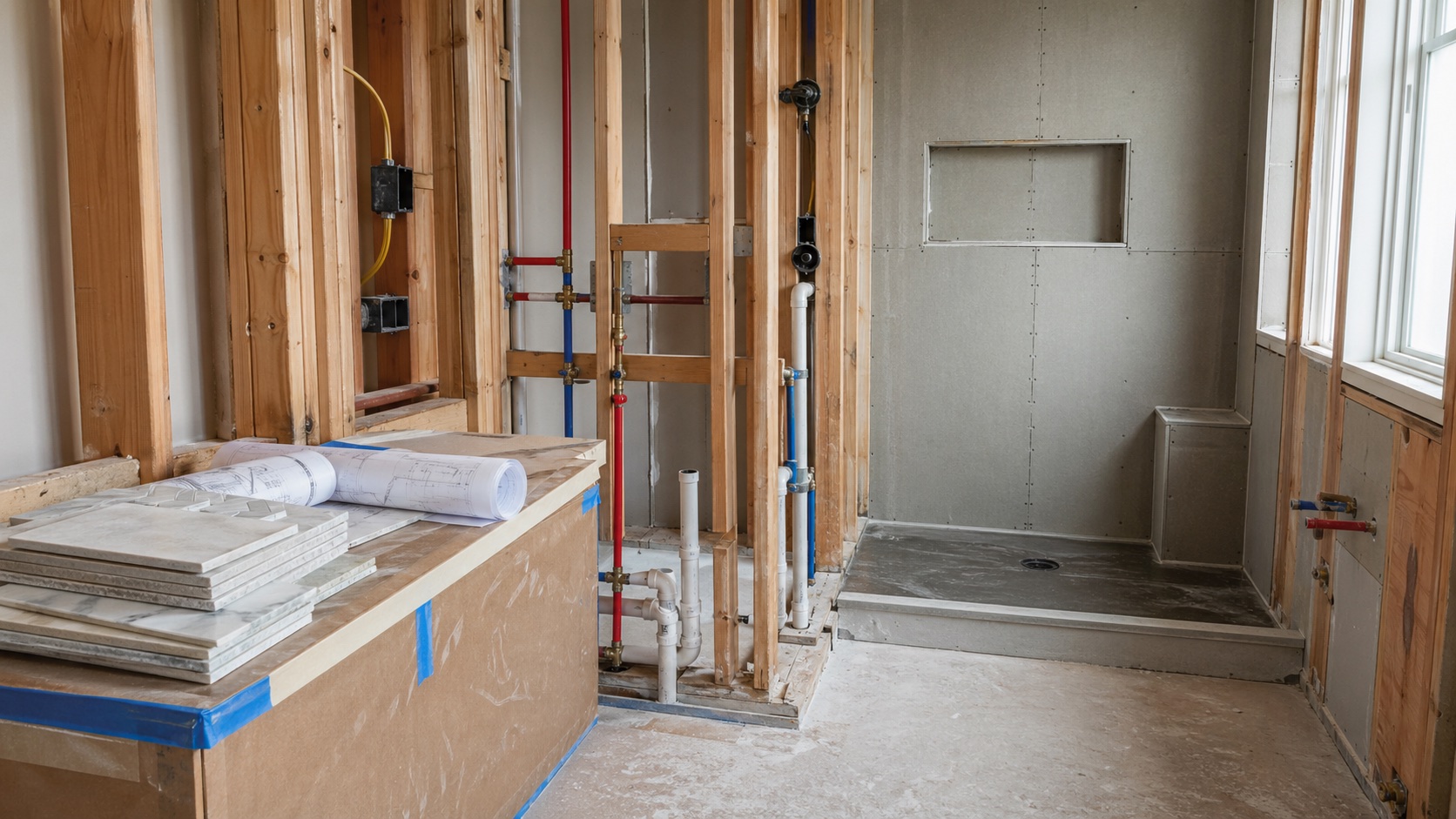 Bathroom remodel rough-in showing organized plumbing lines, shower backer board, tile samples, and planning documents