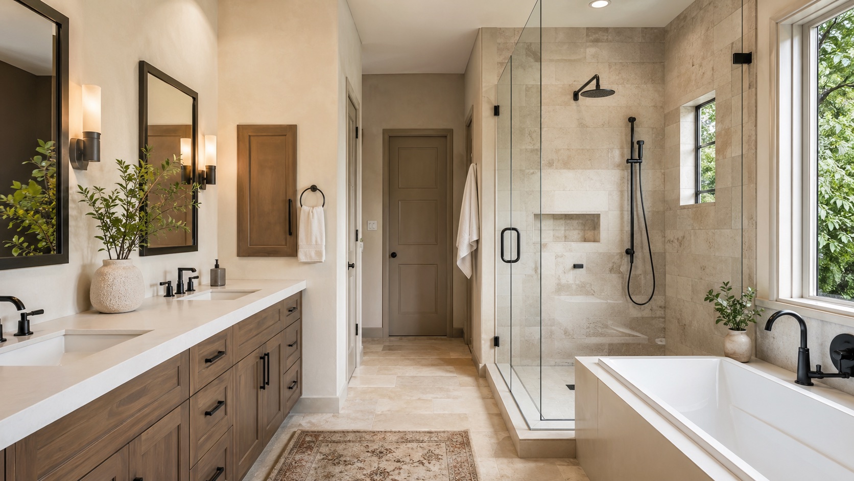 Finished San Antonio bathroom remodel with walk-in shower, double vanity, neutral tile, matte black fixtures, and natural light