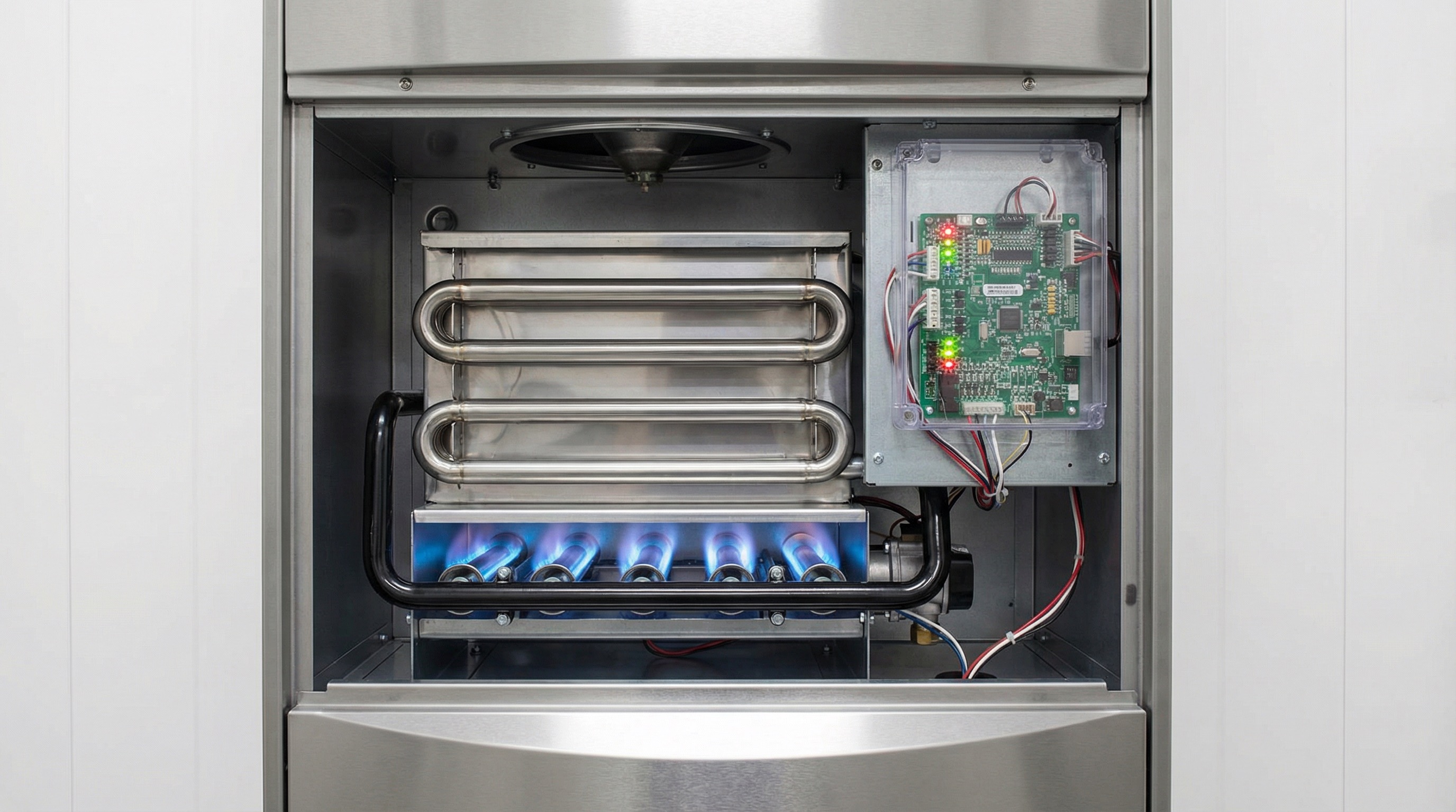Licensed HVAC technician inspecting a furnace heat exchanger, blower assembly, and ignition during winter maintenance in San Antonio